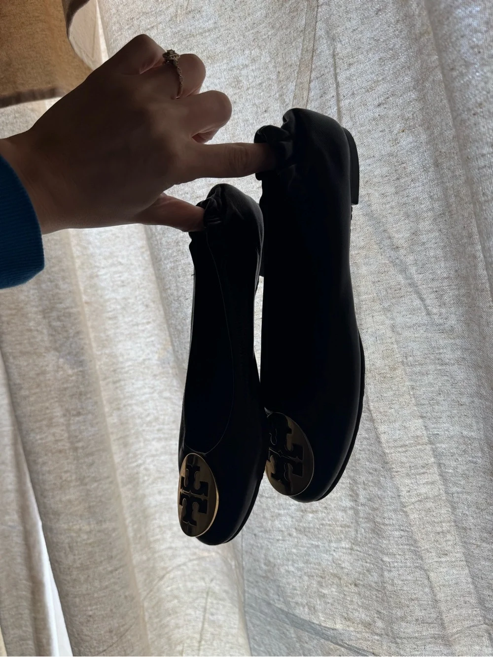 Tory Burch Reva Metallic Leather Flats Ballet Size 6.5 Womens Black Gold